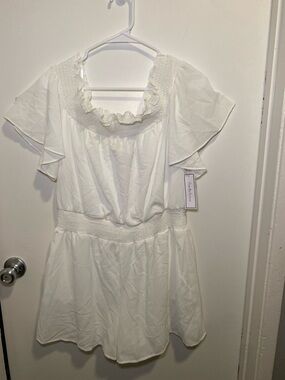 White Ruffle-Smock Mini Dress with Flutter Sleeves